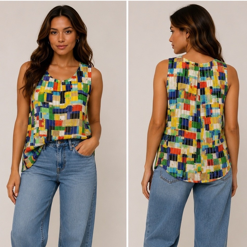 Rafaella Abstract Geometric Chiffon Sleeveless Blouse Multicolor Block Tank M